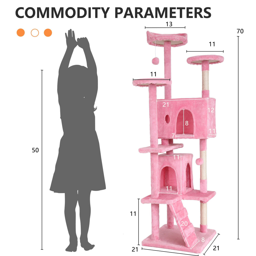 GINMAON 70 Inch Pink Cat Tree, Tall Cat Tower with 2 Condos, 3 Scratching Posts, Multi-Level Platforms - Sturdy Climbing Structure Tall Cat Tower for Indoor Cats