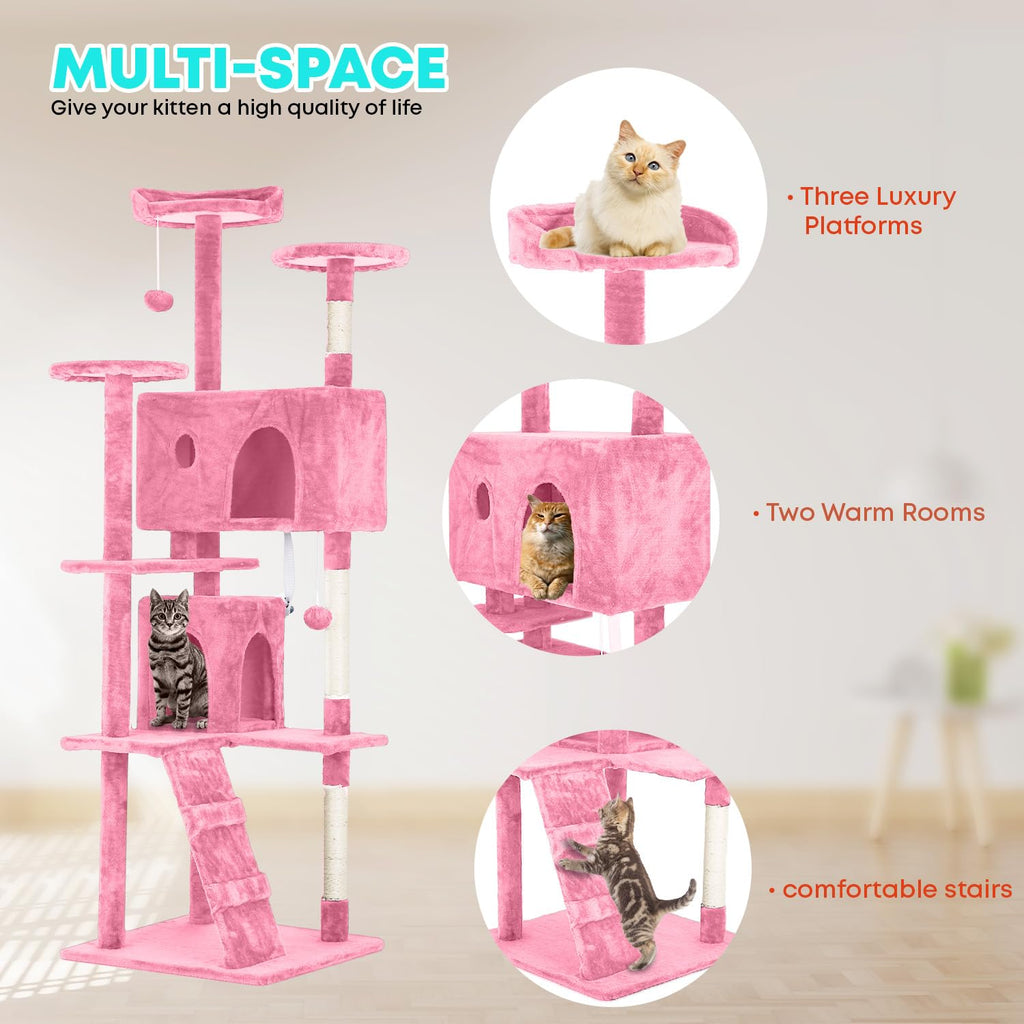 FDW | 70" Cat Tree Tower | Pink | Multi-Level Indoor Activity Center with Sisal Scratching Posts, Condos, Plush Perches, Hanging Cat Toys | Sturdy, Easy to Assemble | for Kittens & Adult Cats