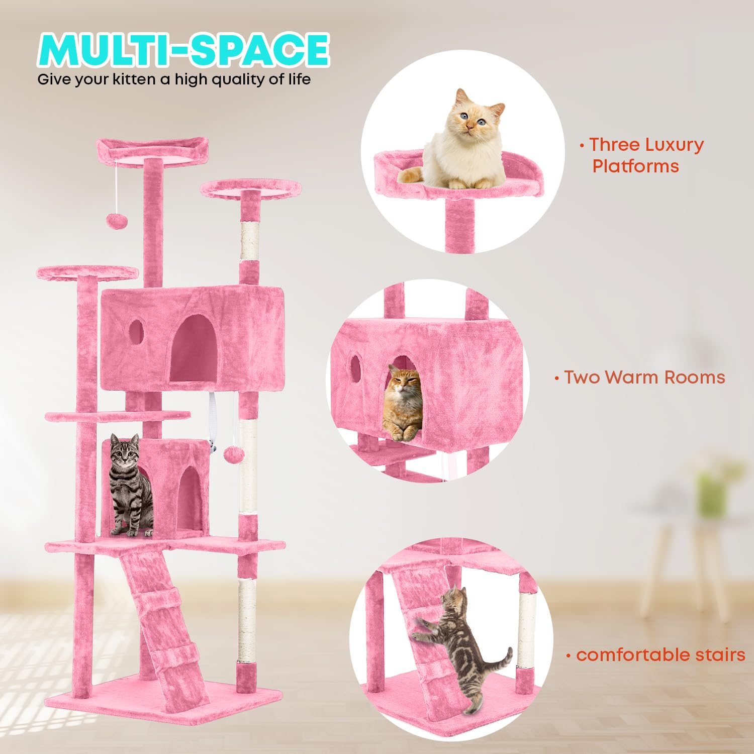 FDW | 70" Cat Tree Tower | Pink | Multi-Level Indoor Activity Center with Sisal Scratching Posts, Condos, Plush Perches, Hanging Cat Toys | Sturdy, Easy to Assemble | for Kittens & Adult Cats