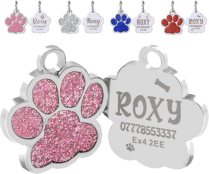 EDSG Cat Dog Tags Personalized for Pets, Dog Name Tags Cat Name ID Tag, Engraved Dog Tags Dog ID Tags Small Glitter Bling ID Tag Paw Print for Cat Pet Dog Puppy(Blue