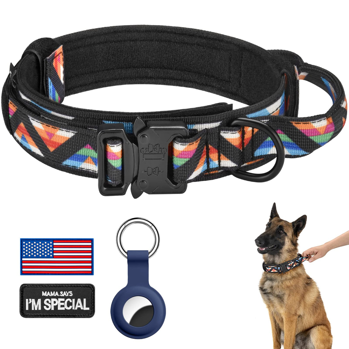 DAGANXI Tactical Dog Collar, Adjustable Military Training Nylon Dog Collar with Control Handle and Heavy Metal Buckle for Medium and Large Dogs, with Patches and Airtags Case (L, Pink)