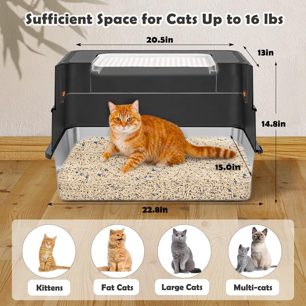 Vivifying XL Stainless Steel Cat Litter Box with Lid, Side Entry, Black