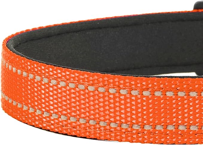PWOD Reflective Dog Collar, Adjustable Soft Neoprene Padded Nylon Pet Collars with Buckle for Extra Large Dogs, Orange,XL