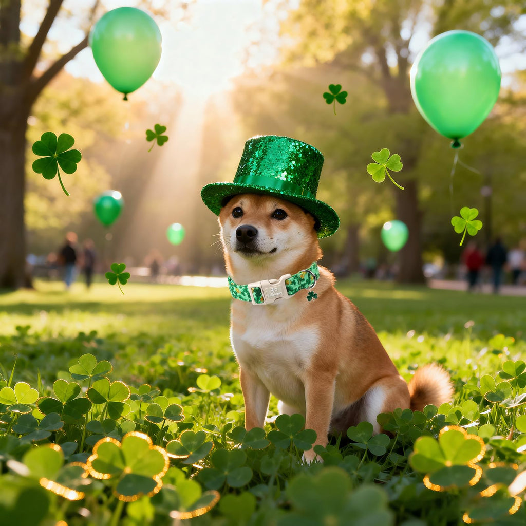 Babole Pet St. Patrick's Day Dog Collar for Large Dogs - Green Shamrock & Yellow Flower Print Dog Collars, Cute Irish Party Puppy Collar, Lightweight Adjustable St. Patricks Day Pet Collars XL