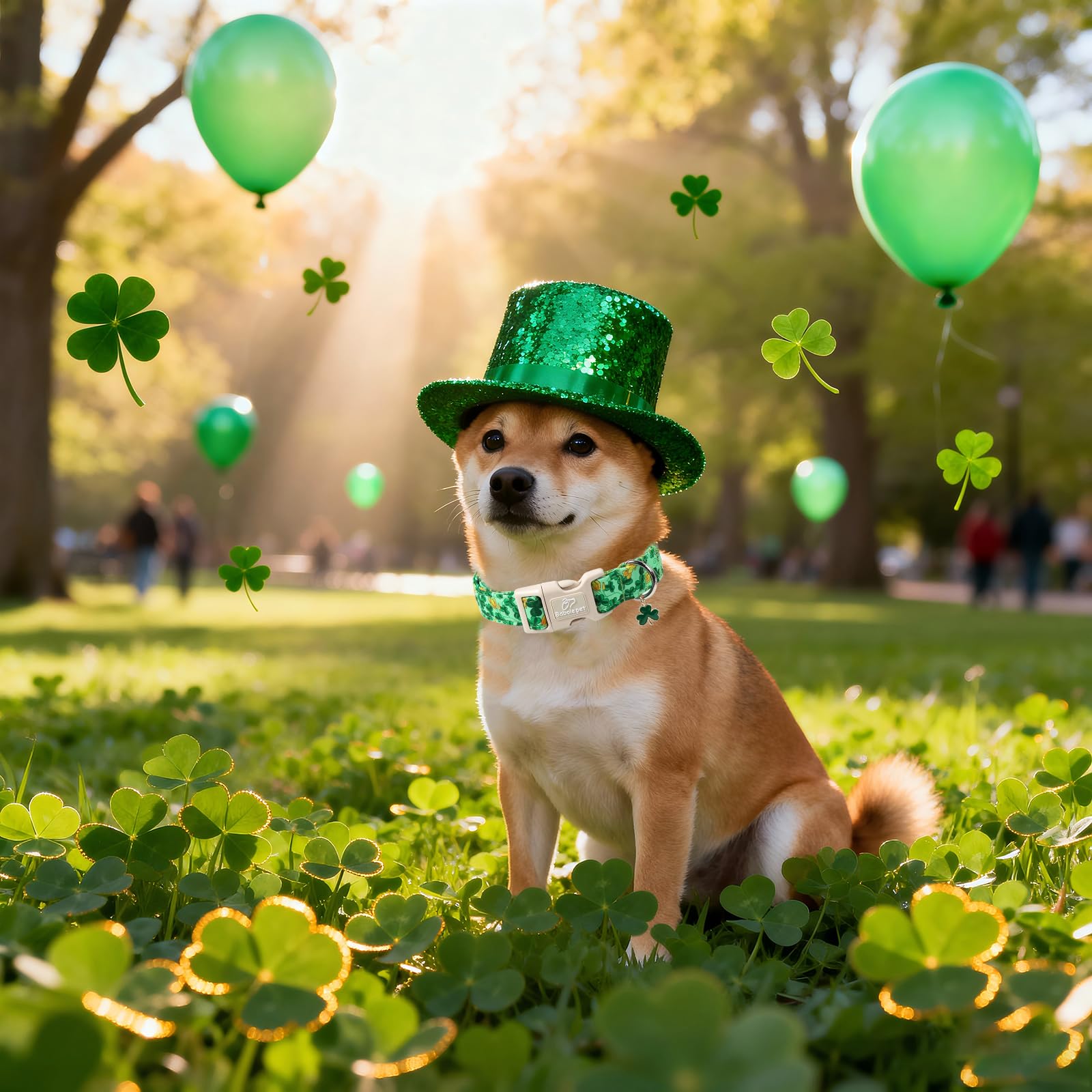 Babole Pet St. Patrick's Day Dog Collar for Large Dogs - Green Shamrock & Yellow Flower Print Dog Collars, Cute Irish Party Puppy Collar, Lightweight Adjustable St. Patricks Day Pet Collars XL