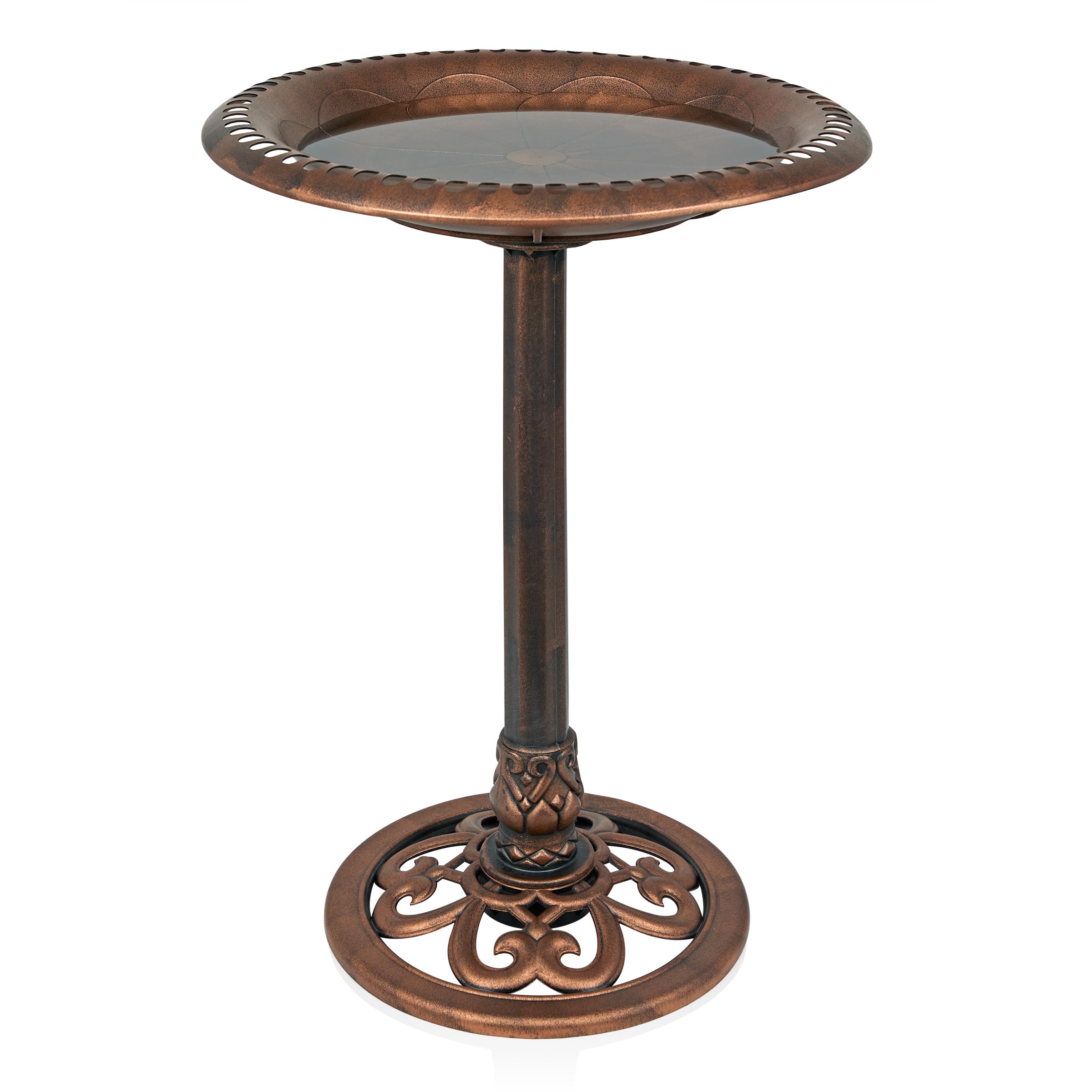 Alpine Corporation | 28" Bronze Outdoor Pedestal Birdbath with Scrollwork Base and Ground Stakes — Elegant Garden Décor, Durable Weather-Resistant Design for Lawn, Patio, or Yard