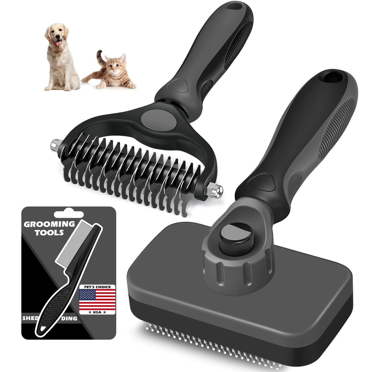 Professional 3PCS Self Cleaning Slicker Brush & Pet Grooming Rake & Flea Comb for Dogs,Cats and Horses | Double-Sided Dematting Comb & Skin Friendly Deshedding Grooming Tool | Pet Supplies (Green)
