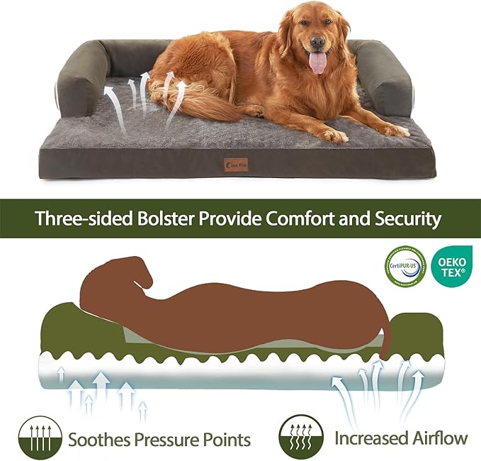 Orthopedic Dog Beds for Extra Large Dogs, Waterproof Egg Crate Foam XL Dog Bed with Sides 45x35Inch, Big Dogs Couch Beds with Removable Washable Cover and Nonskid Bottom, Dark Green