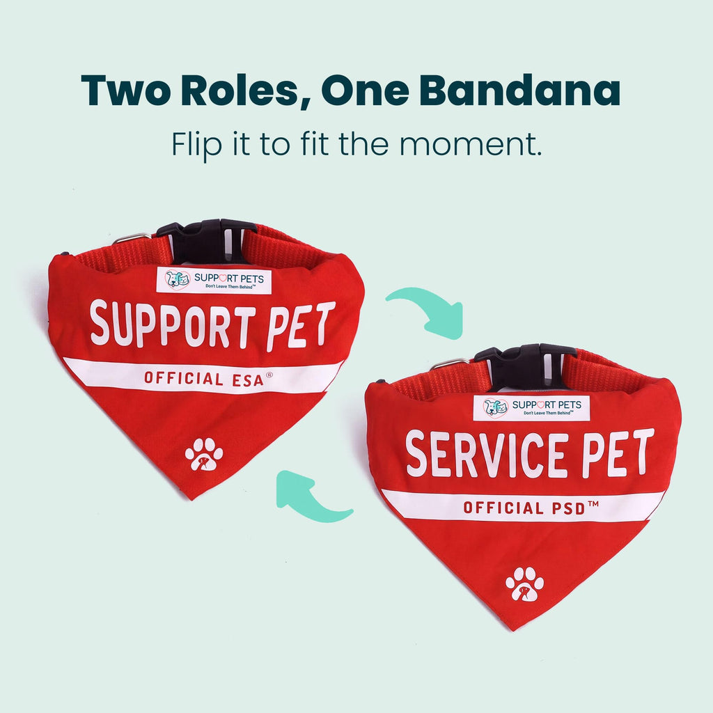 Service Dog Bandana, ESA and PSD Pet Scarf, Reversible Cotton Support Pet Accessories, Emotional Support Dog and Cat Bandana for Small and Medium Pets, Red