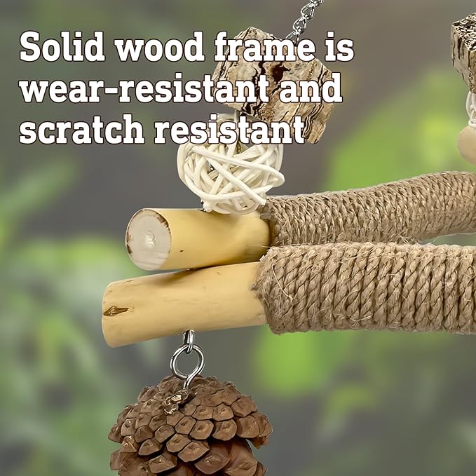 Bird Swing with 3 Bells & Natural Chew Toys – Triangular Perch Stand with Sisal Rope for Parakeets, Cockatiels, Lovebirds, Conures, Parrot – Stable Balance Trainer & Beak Care