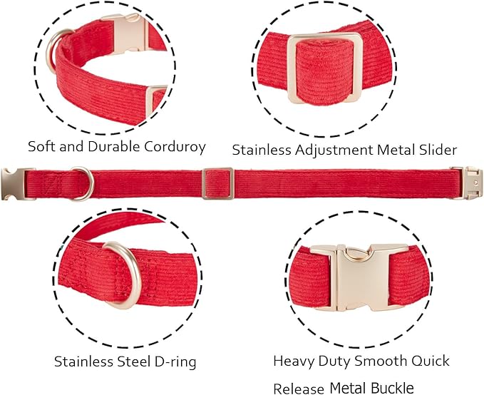 YUDOTE Soft Cotton Dog Collar with Metal Buckle Adjustable Heavy Duty Comfy Corduroy Collars for Small Medium Large Dogs,Red,Small
