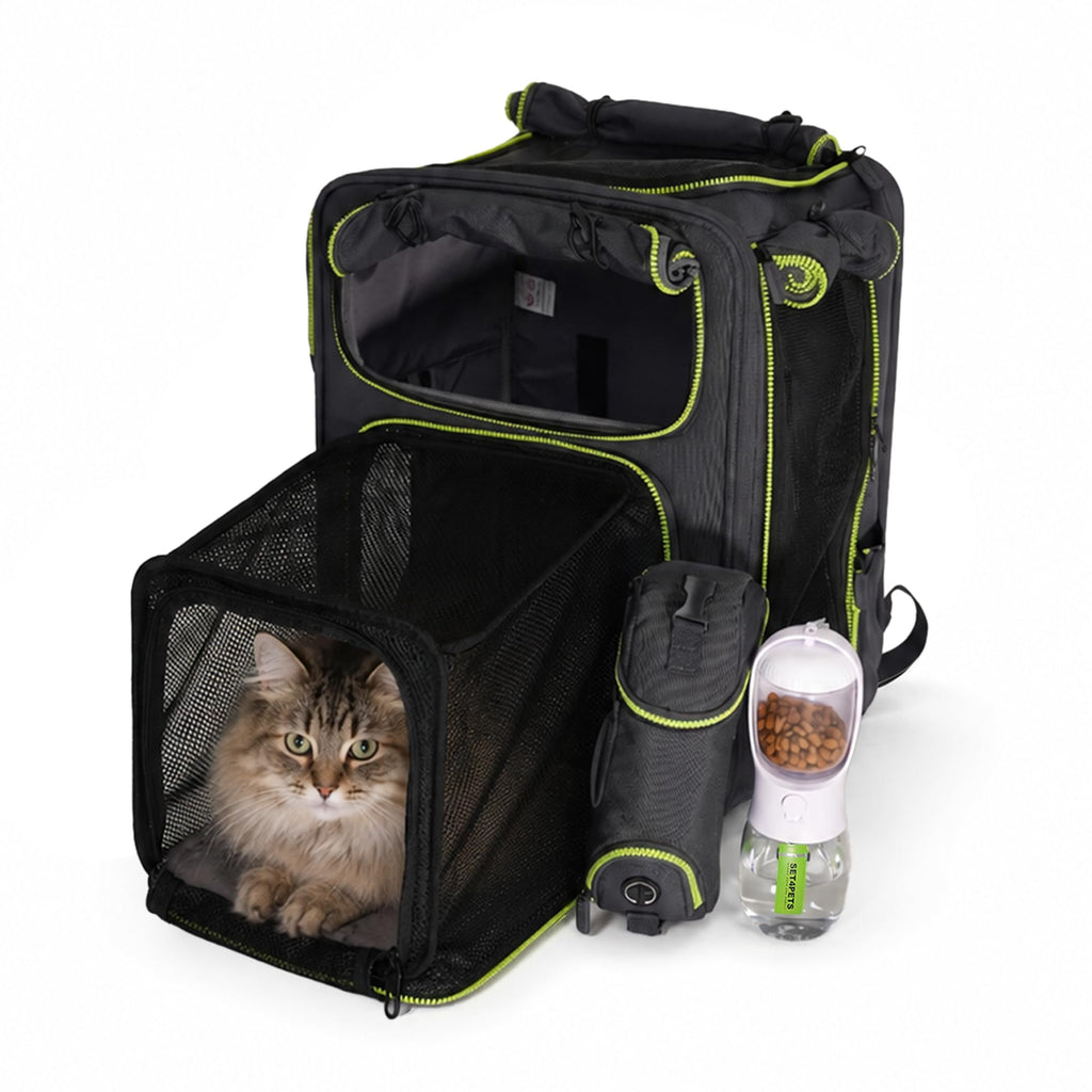 Set4Pets Expandable Cat Carrier Backpack for Cats & Small Dogs, Gray/Green