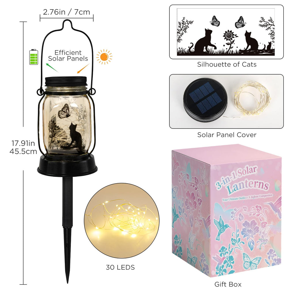 kyoryuger Cat Lover Gifts for Mom/Grandma/Women/Sister Cat Butterfly Solar Light Gifts Solar Lanterns Outdoor Waterproof Fairy Lights Led Mason Jar Hanging Cat Lamps Decor for Garden Yard Torche