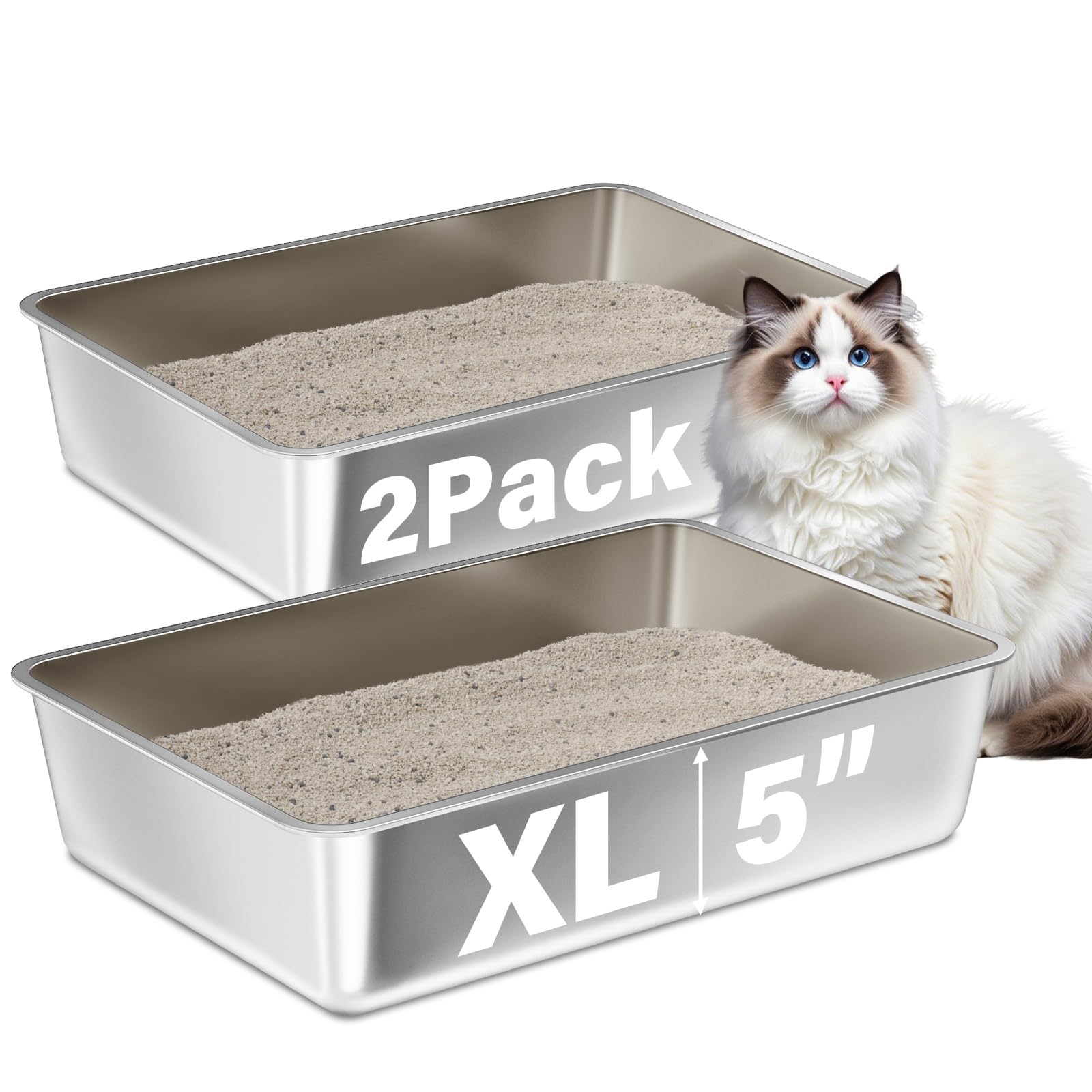 FUTAM Stainless Steel Litter Box 2 Pack, XLarge Metal Litter Box