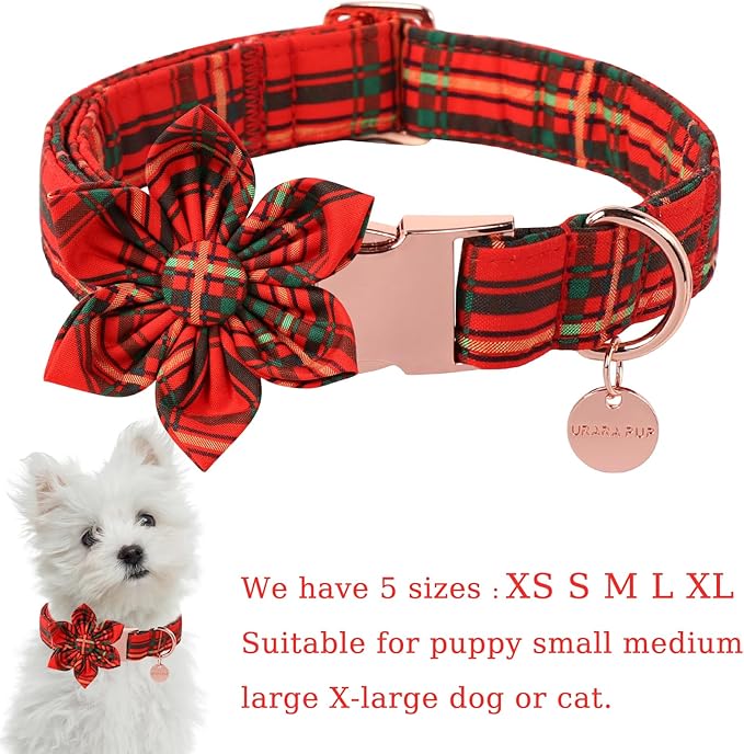 UP URARA PUP Christmas Dog Collar with Flower, Cotton Christmas Plaid Collar for Medium Girl Boy Dog,Red &Green Plaid Dog Collar Bowtie with Durable Metal Buckle,Adorable Pet Collar, XS, Neck 8-12in