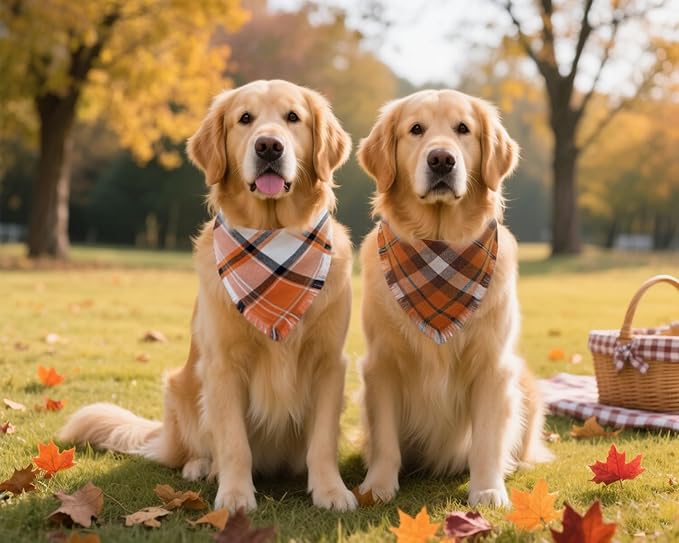 Fall Dog Bandanas 2PCS Large Plaid Tassels Halloween Thanksgiving Outfit
