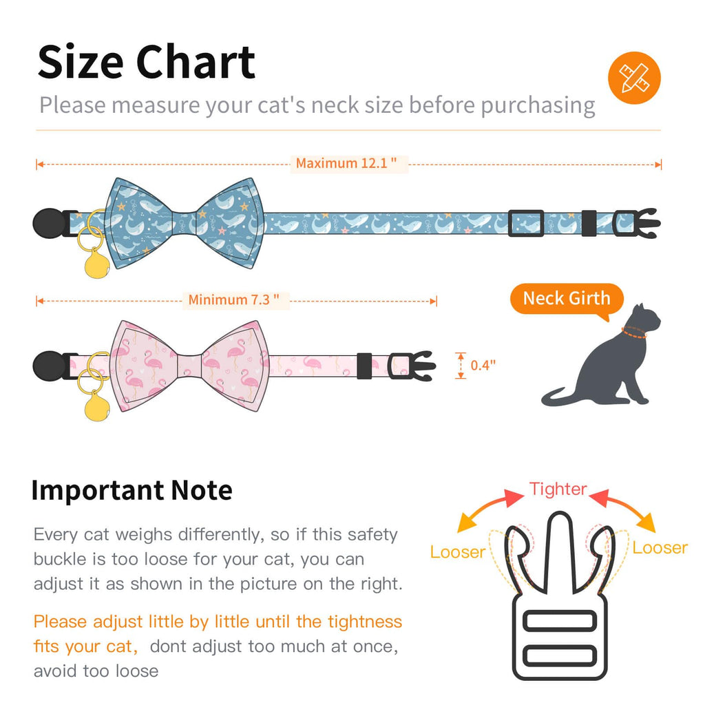 Jelwuion 2 Pack Cotton Cat Collar with Bow Tie and Bell for Girl Boy Cats,Cute Pink Flamingo and Blue Whale Pattern Spring Summer Breakaway Cat Collar for Male Female Cats (Flamingo&Whale)
