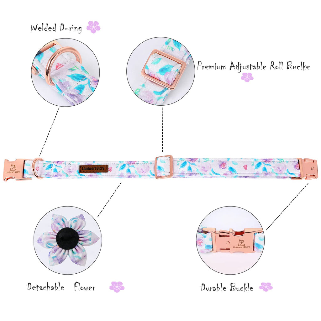 Lionheart Glory Purple Dog Collar With Flower - Cute Floral Pattern Adjustable Pet Collar for Small Dogs