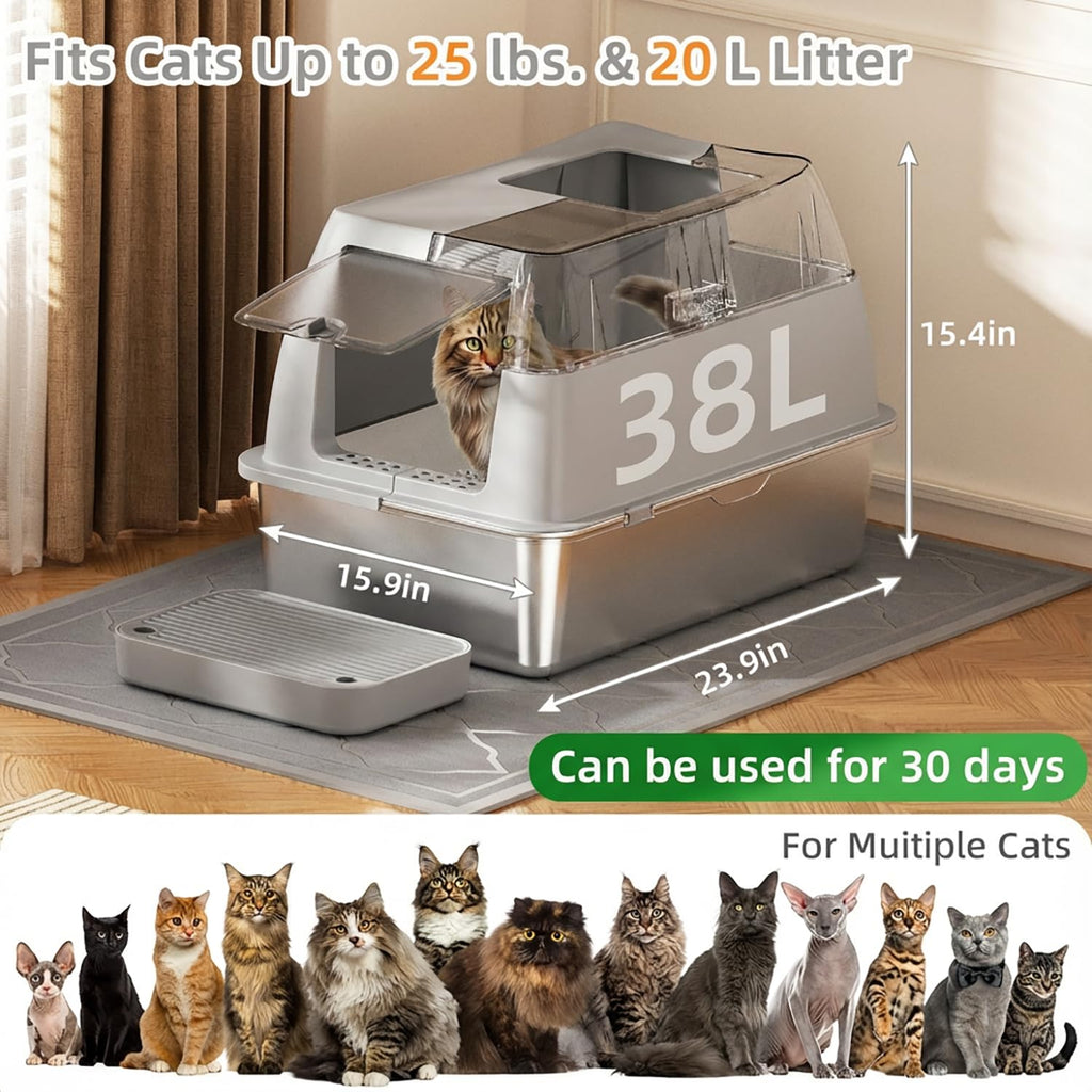 Stainless Steel Litter Box with Lid,Front Entry Top Exit Kitty LitterBox,Extra Large Enclosed Metal Cat Box with Litter Scoop & Litter Mat-Light Gray