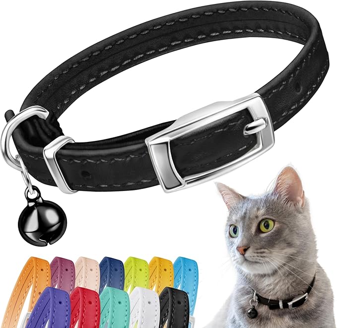 CollarDirect Leather Cat Collar with Bell - Kitten Collar, Small and Big Cat Collar for Boy Cats, Girl Cats with Safety Elastic Strap (Neck Fit 8"-11", Black)