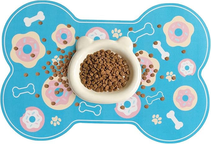 TORJOY Dog Food Mat, 0.15” Thickened Super Absorbent Pet Feeding Mat for Food and Water, Fruit Donut Pattern Cat Placemat, Quick Dry Non-Slip Dog Bowl Mat, Water Splash Proof（Small Donut Blue）