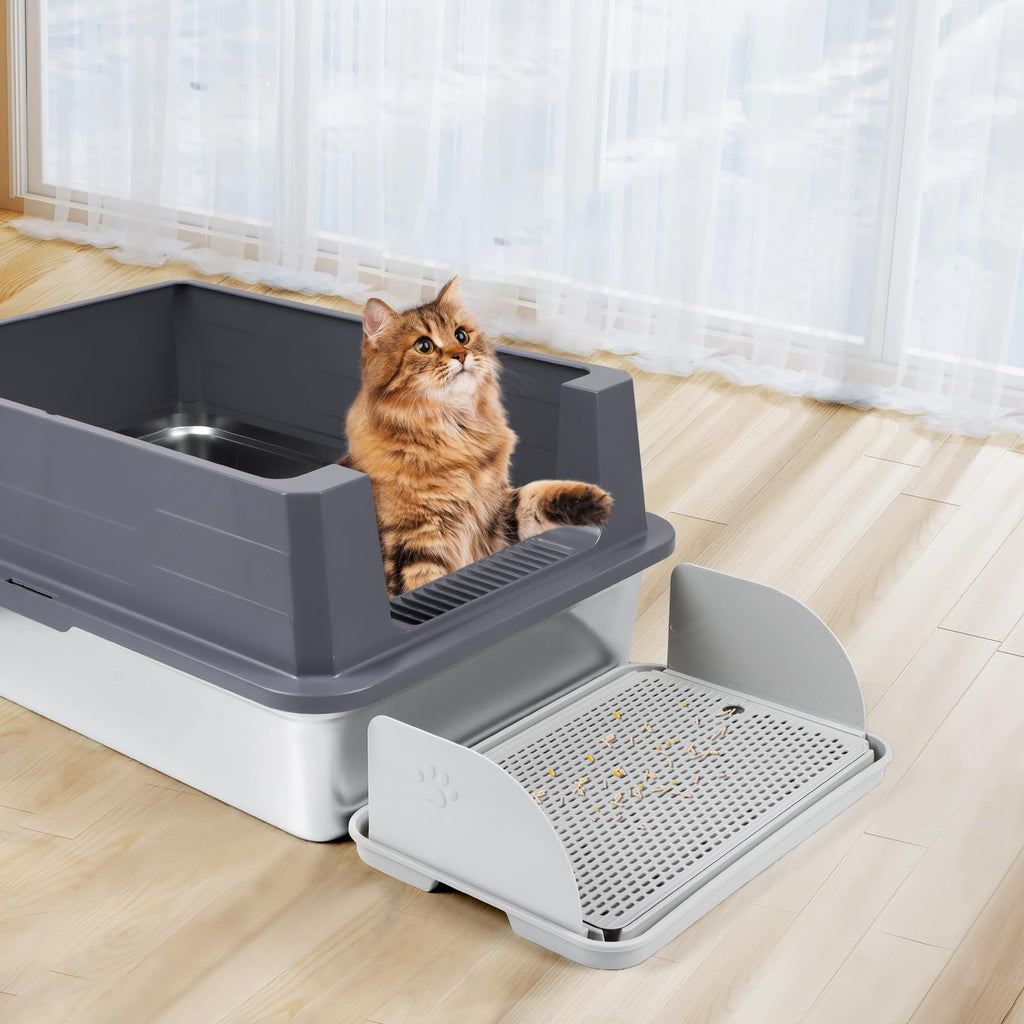 Cat Litter Box Step, Cat Step with Detachable Splash-Proof Baffles, Grey