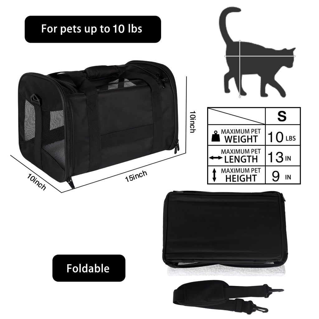 Cat Carrying Case - Pet Carrier Airline Approved, Protable and Breathable Pet Travel Carrier Removable Fleece Pad, Collapsible Cat Carrier Dog Carrier for Medium Cats Small Cats Dogs (Small, Black)