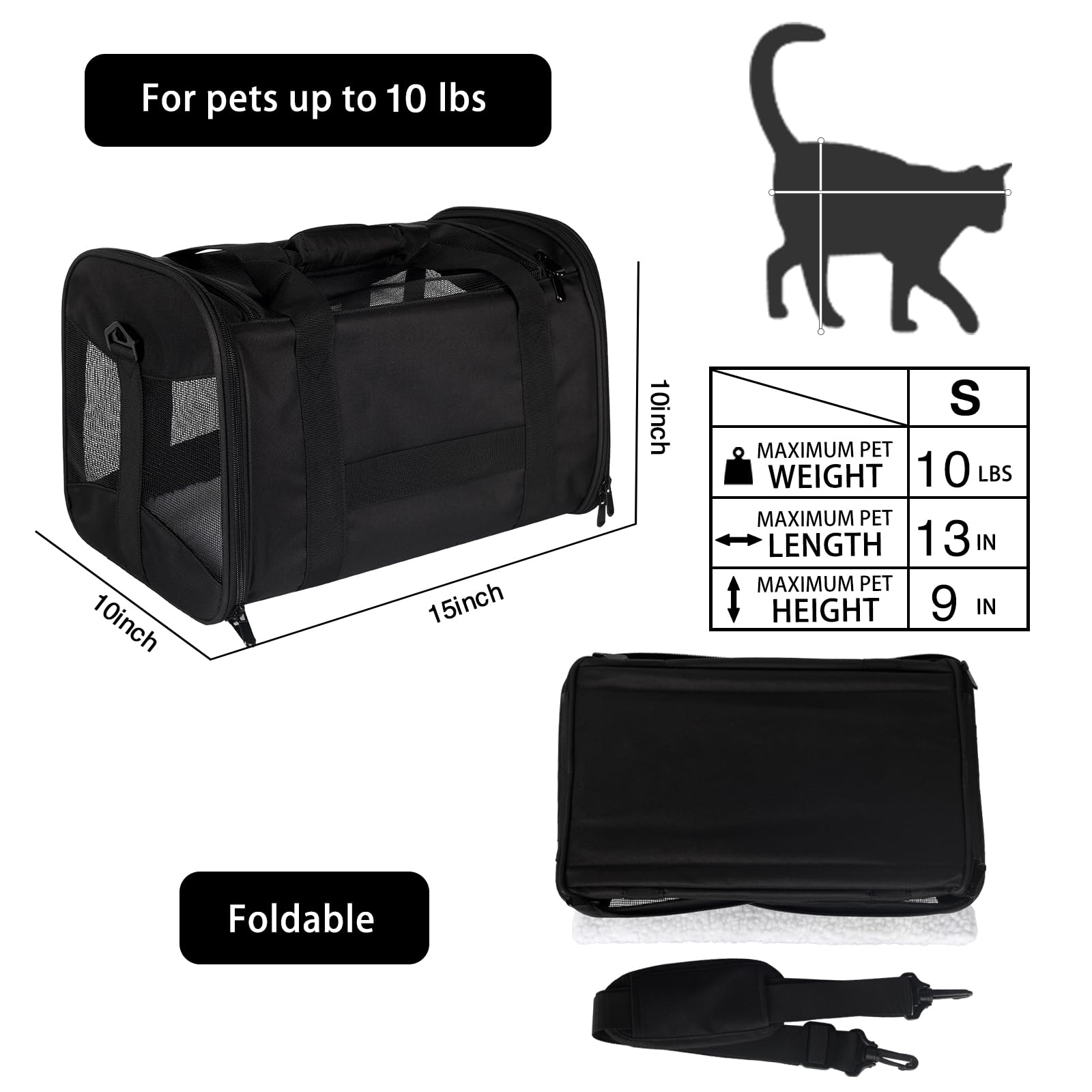 Cat Carrying Case - Pet Carrier Airline Approved, Protable and Breathable Pet Travel Carrier Removable Fleece Pad, Collapsible Cat Carrier Dog Carrier for Medium Cats Small Cats Dogs (Small, Black)