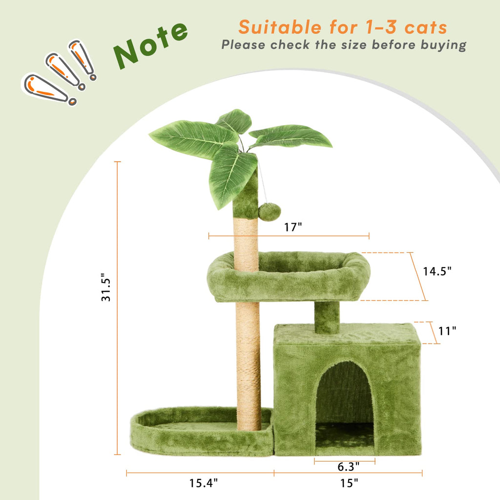 TSCOMON 31.5in Multi-Level Cat Tower with Sisal Scratching Posts, Hidden Cave & Perch Platform, Large Cat Condo for 1-3 Cats, Eco-Friendly Pet Furniture with Realistic Leaves, Green