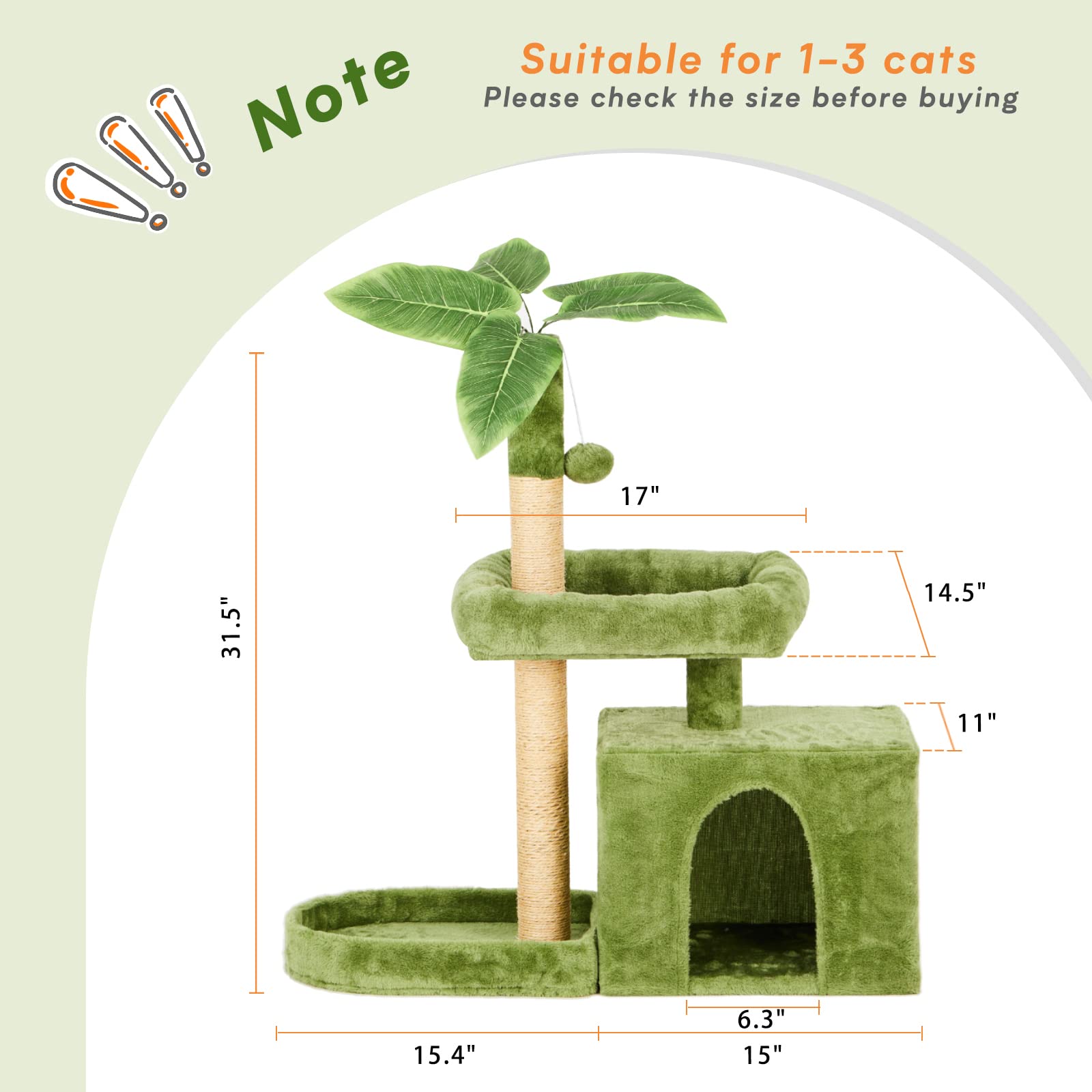 TSCOMON 31.5in Multi-Level Cat Tower with Sisal Scratching Posts, Hidden Cave & Perch Platform, Large Cat Condo for 1-3 Cats, Eco-Friendly Pet Furniture with Realistic Leaves, Green