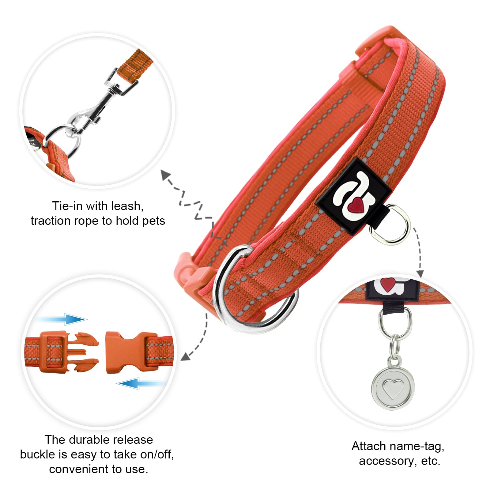 azuza Reflective Dog Collar, Soft Neoprene Padded Pet Collar with ID Tag Ring, Adjustable for Puppy and Small Dogs,Rust Red,XS