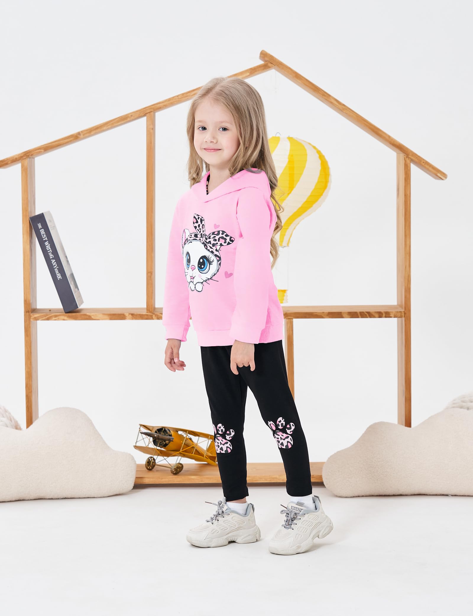 Axumity Toddler Girl Clothes Cat Print Pullover Sweatshirt + Leopard Print Pant 2-Piece Kid Girl Fall Winter Pants Set(5-6T)
