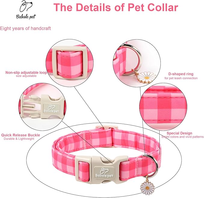 Babole Pet Girl Dog Collar for Giant Large Dogs - Cute Pink Plaid Puppy Collar, Soft Adjustable Spring Summer Female Dog Collars with Quick Release Buckle XL