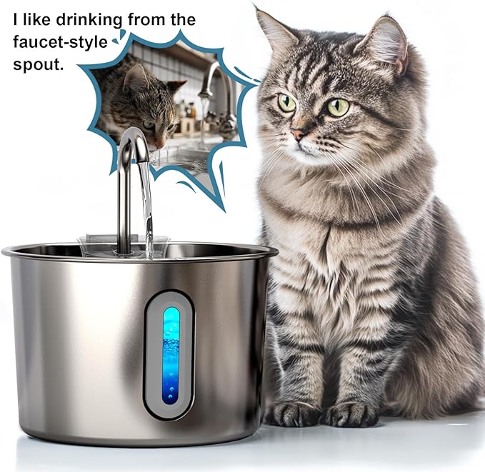 HAJXM Cat Water Fountain, 74oz/2.2L Cat Fountain for Drinking - Pet Water Fountain Stainless Steel for Cats Inside - Quiet Water Bowl Dispenser - Kitty Drinking Fountains - 4 Filters + 4 Sponges