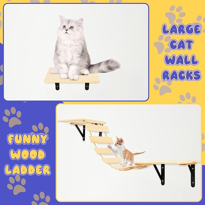 TIMIEEYA Cat Wall Shelves - Stable & Safe 5 in 1 Cat Walls Furniture Set, Wooden Kitten Climbing Wall with Bridge Ladder & Wall Steps