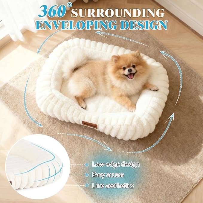 Washable Dog Bed for Medium Dogs – Soft Plush Calming Puppy Bed with Anti-Slip Bottom & Portable Handle, Orthopedic Rectangle Anti-Anxiety Pet Bed for Kennel/Crate, 30"x24"x5", Cream