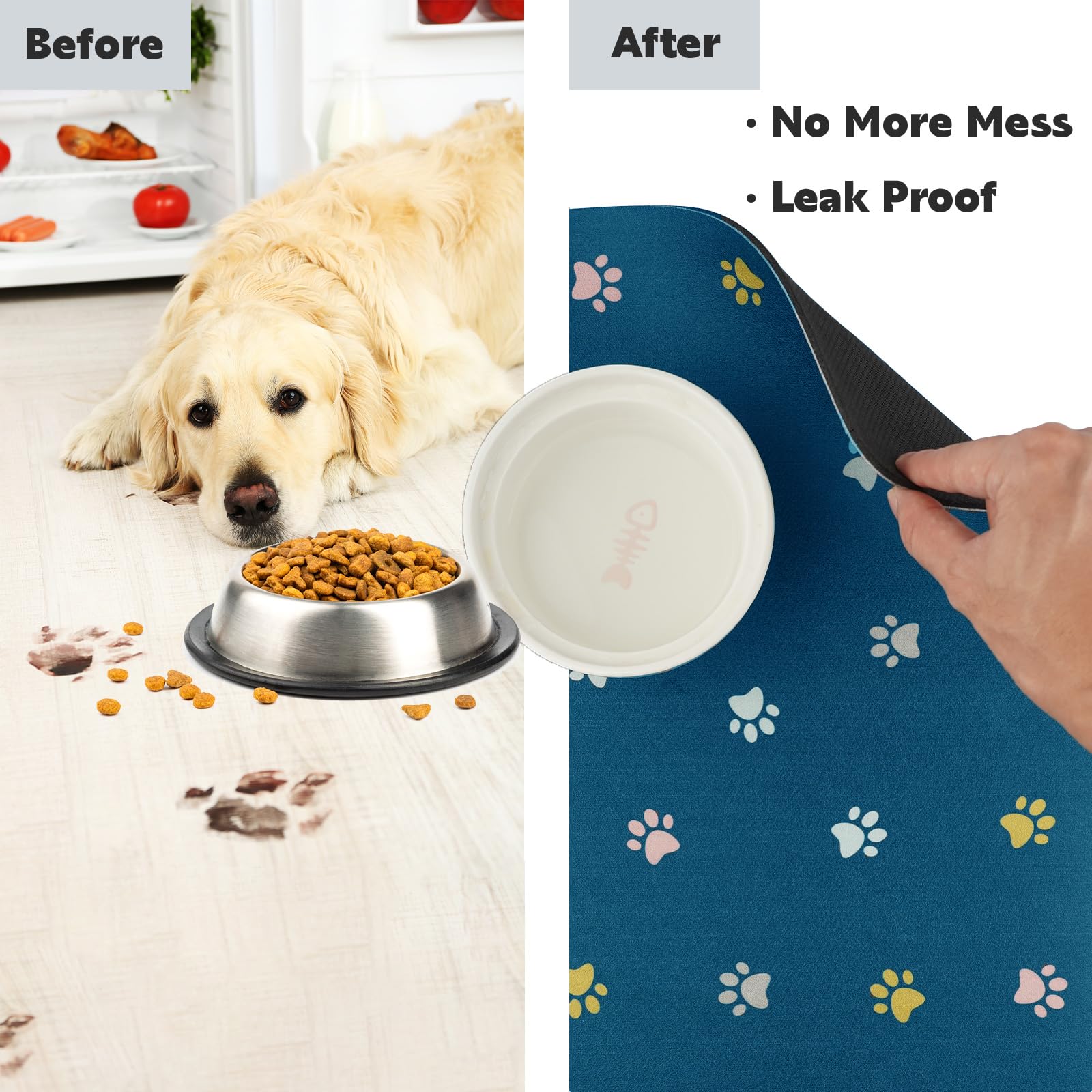 Yetstock Pet Feeding Mat Absorbent Dog Mat for Food and Water Non Slip Quick Dry Dog Bowl Mats for Floors 27" X 17" Paw Lake Blue