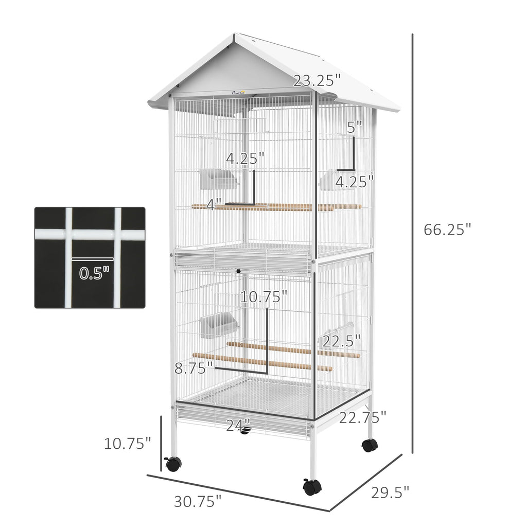 PawHut Wrought Metal Bird Cage Feeder with Rolling Stand Doors 67" H White