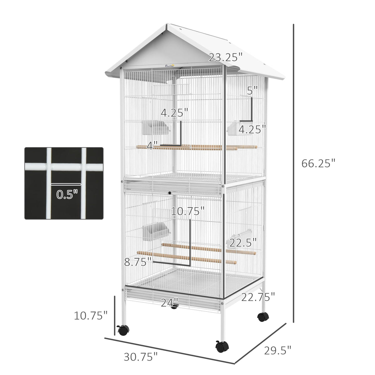 PawHut Wrought Metal Bird Cage Feeder with Rolling Stand Doors 67" H White