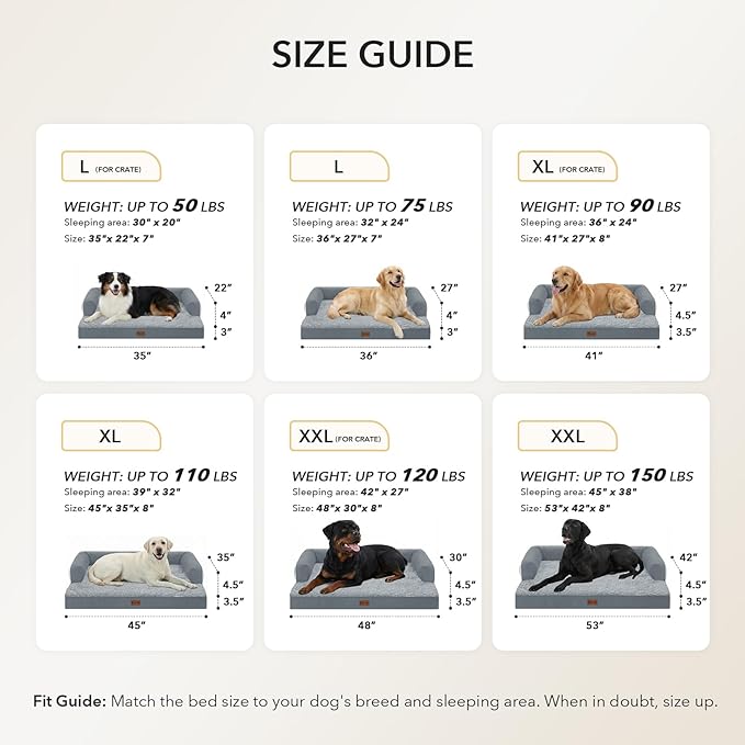 Orthopedic Dog Beds for Extra Large Dogs, Waterproof Egg Crate Foam XL Dog Bed with Sides 48x30Inch, Big Dogs Couch Beds with Removable Washable Cover and Nonskid Bottom, Grey