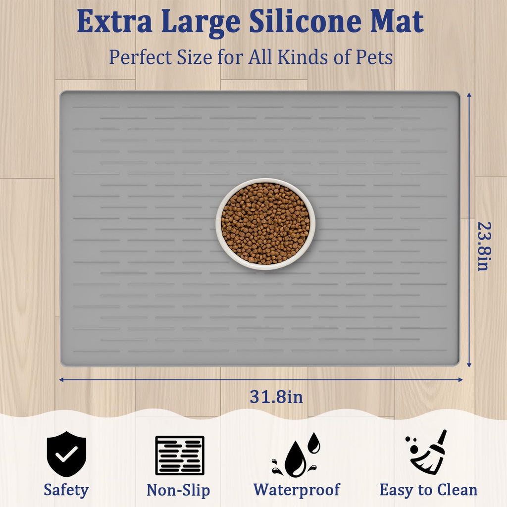 31.8"x23.8" Extra Large Pet Food Mat, Silicone Dog Mats for Food and Water, XL Nonslip Pet Feeding Mats for Floors,Dog Cat Bowl Mat with Raised Edges, Light Gray