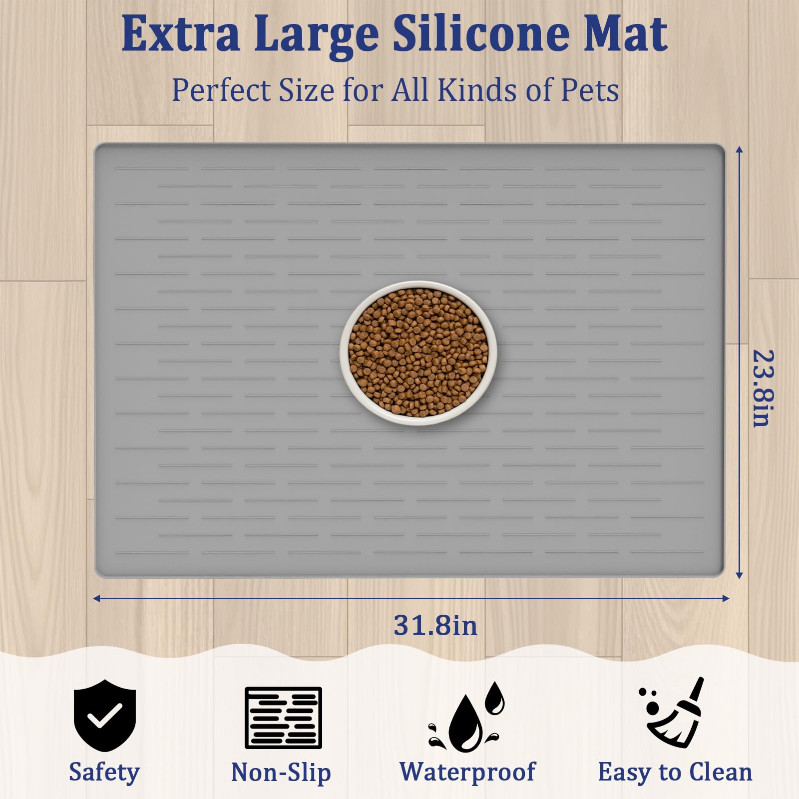 31.8"x23.8" Extra Large Pet Food Mat, Silicone Dog Mats for Food and Water, XL Nonslip Pet Feeding Mats for Floors,Dog Cat Bowl Mat with Raised Edges, Light Gray