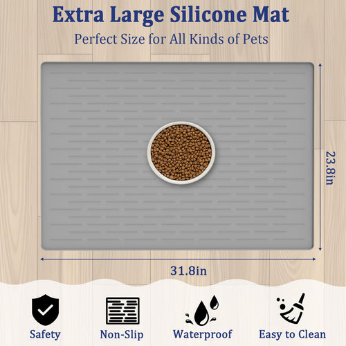 31.8"x23.8" Extra Large Pet Food Mat, Silicone Dog Mats for Food and Water, XL Nonslip Pet Feeding Mats for Floors,Dog Cat Bowl Mat with Raised Edges, Light Gray