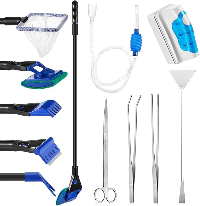 Tiangrid Aquarium Fish Tank Cleaning Tool Kit Include 4 Pcs Long Aquascape Tools Kit 1 Pcs Magnetic Glass Cleaner Brush 5 in 1 Fish Tank Gravel Cleaner and Siphon Vacuum for Terrarium Fish Tank Set