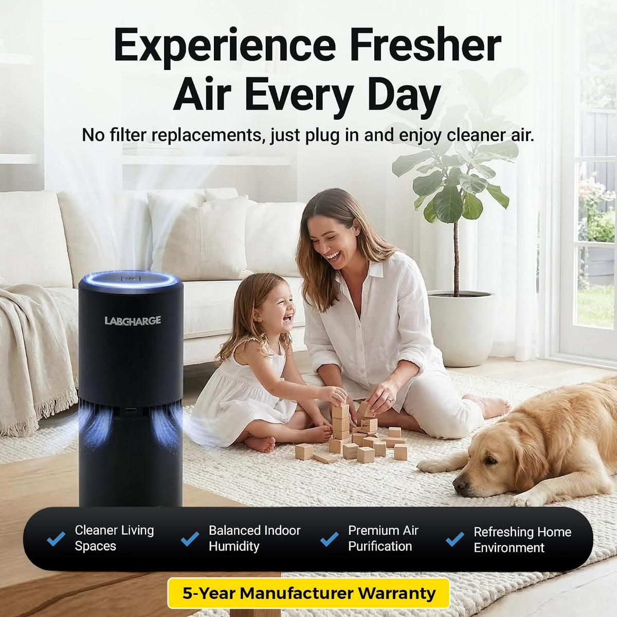 LabCharge Small Ionic Air Purifier for Home & Bedroom – Silent HEPA Filter – Covers 250 Sq Ft – For Pet Hair, Smoke, Dust, Odors & Dander – Compact Black Design – Pack of 5
