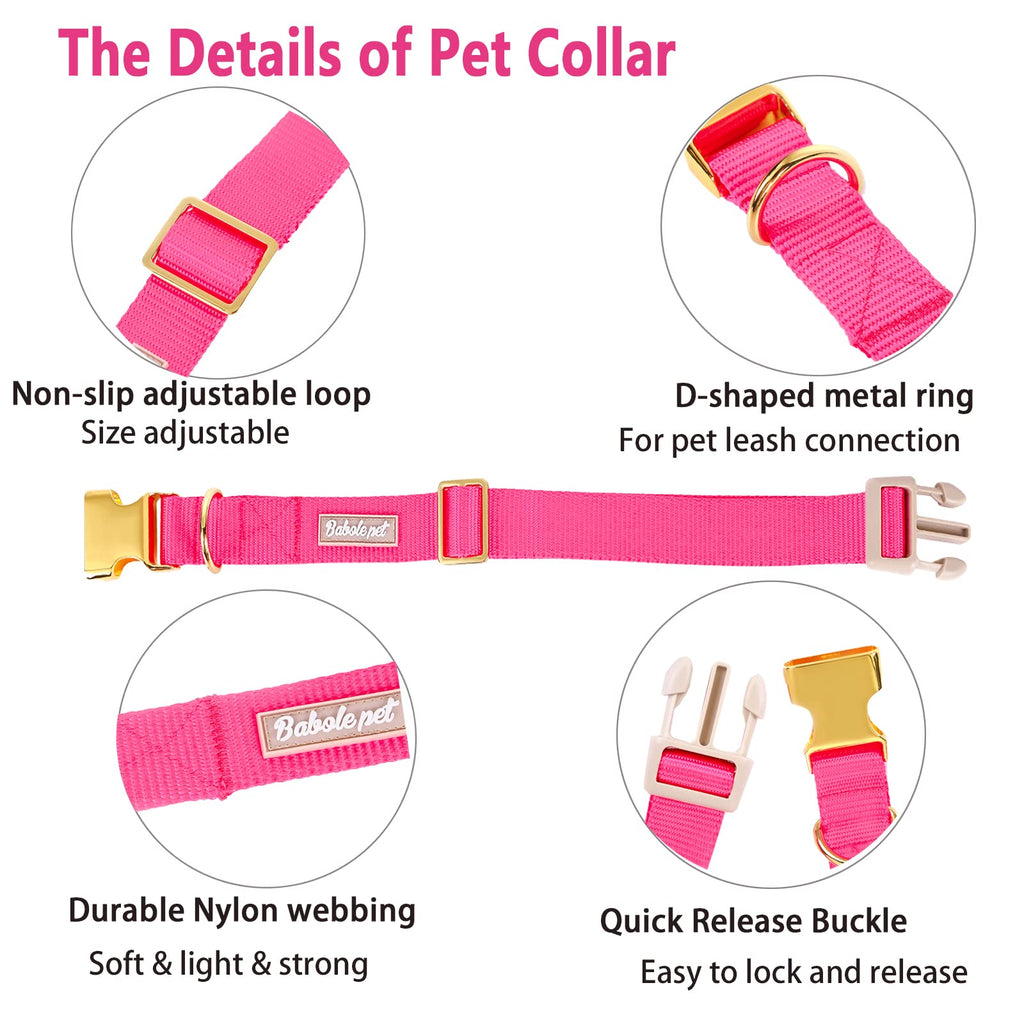 Babole Pet Nylon Dog Collar - Adjustable Rose Red Soft Webbing Dog Collars for Small Medium Large Dogs Boy Girl Puppy Collar with Safety Metal Buckle S