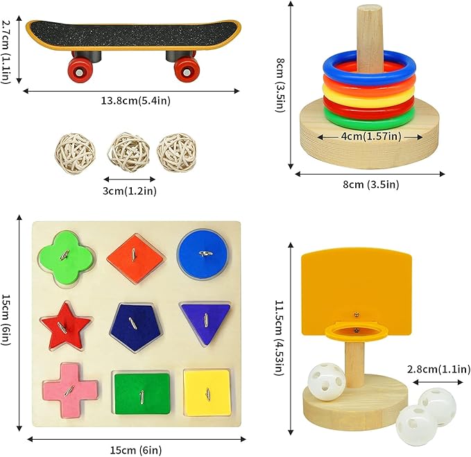 Bird Toys,Parrot Training Toys for Lovebird,Five-Types Parakeet Toys Sets for Conure, Cockatiel,12 PCS Parrot Intelligence Toy,Basketball Hoop,Skateboard,Stacking Toys,Wooden Block Bird Puzzles Toy