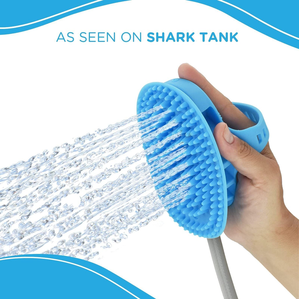 Aquapaw 5-in-1 Horse & Dog Bath Brush & Curry Comb - XL Blue Silicone - Includes 3-ft Shower Hose Attachment & Adapter - Adjustable Spray Scrub Massager - Great for Horses & Big Dogs