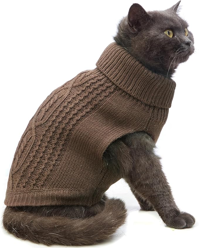 Stretchy Cat Sweater - 17 Colors & 6 Sizes | Snug Winter-Ready Knit for Boy/Girl Cats & Kittens (Brown, Large)