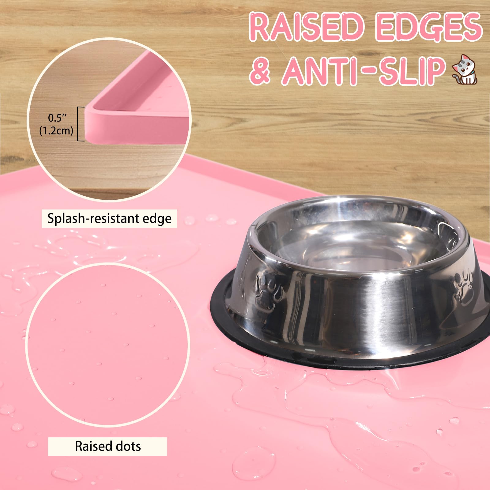 MateeyLife Silicone Cat & Dog Food Mat for Floors Waterproof, Anti-Slip Dog Bowl Mats for Food and Water, Pet Feeding Mats with Lip to Prevent Spills, Pet Placemat for Messy Drinkers to Protect Floors